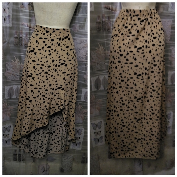 SHEIN Dresses & Skirts - Shein Tannish Brown Black Leopard Print Asymmetric Ruffle Hem Midi Skirt Large